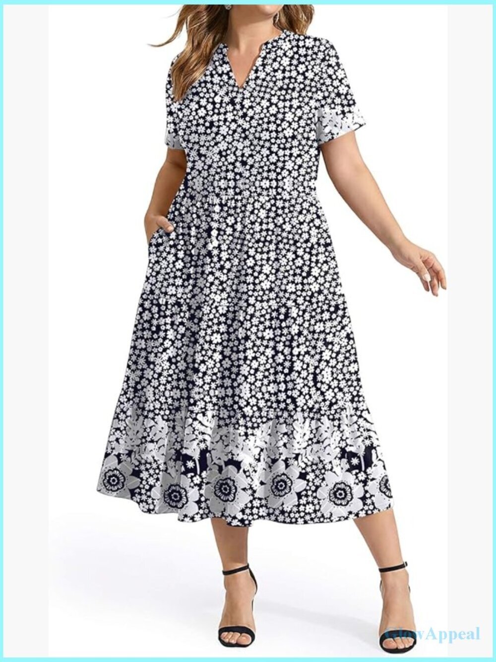 Plus Size V Neck Short Sleeve Midi Dress with Pockets Flowy A-line Tiered Beach